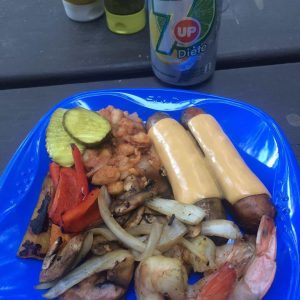 KY fit does camping! ⛺️ --- Enjoying clean eats for supper to save room for a S'more later  --- Natural chicken sausage with fat free cheese, grilled shrimp, grilled veggies, & sugar-free baked beans with turkey bacon!  --- SO satisfying and it feels amazing to be able to enjoy the experience, feel like I'm eating some classic camp in foods, but sticking to my goals!  --- #cleaneats #kyfitdoescamping #balance #smores #fitness #fitspo #health #lakelife